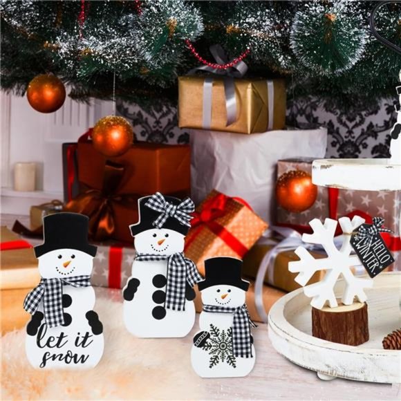 Christmas Tiered Tray Decor - Snowman w/ Buffalo Plaid Ribbon, Wooden Snowflake - Picture 6 of 7
